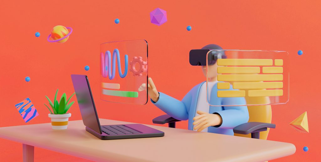 Image en 3D : homme portant des lunettes de réalité virtuelle, assis sur un siège devant un ordinateur entouré d'images d'interfaces de réseaux sociaux